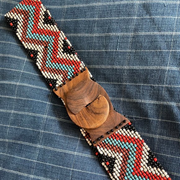 Elastic Bead Belt with Acacia Wood Buckle - Picture 1 of 5